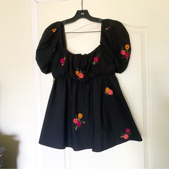 Mi Golondrina Top Elena Cotton Babydoll Puff-Sleeve Floral Negro Arroyo M EUC - Picture 2 of 7